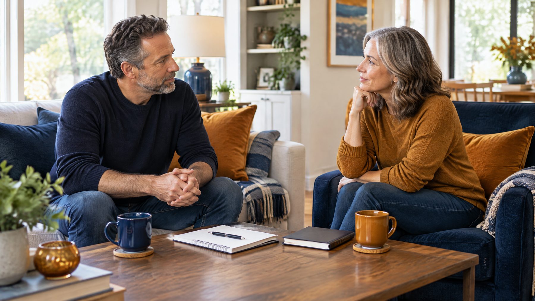 Two adults having a calm conversation in a bright living room