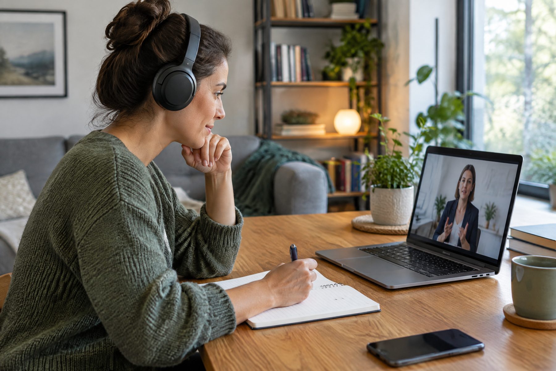 Adult studying an online educational lesson with notebook and headphones