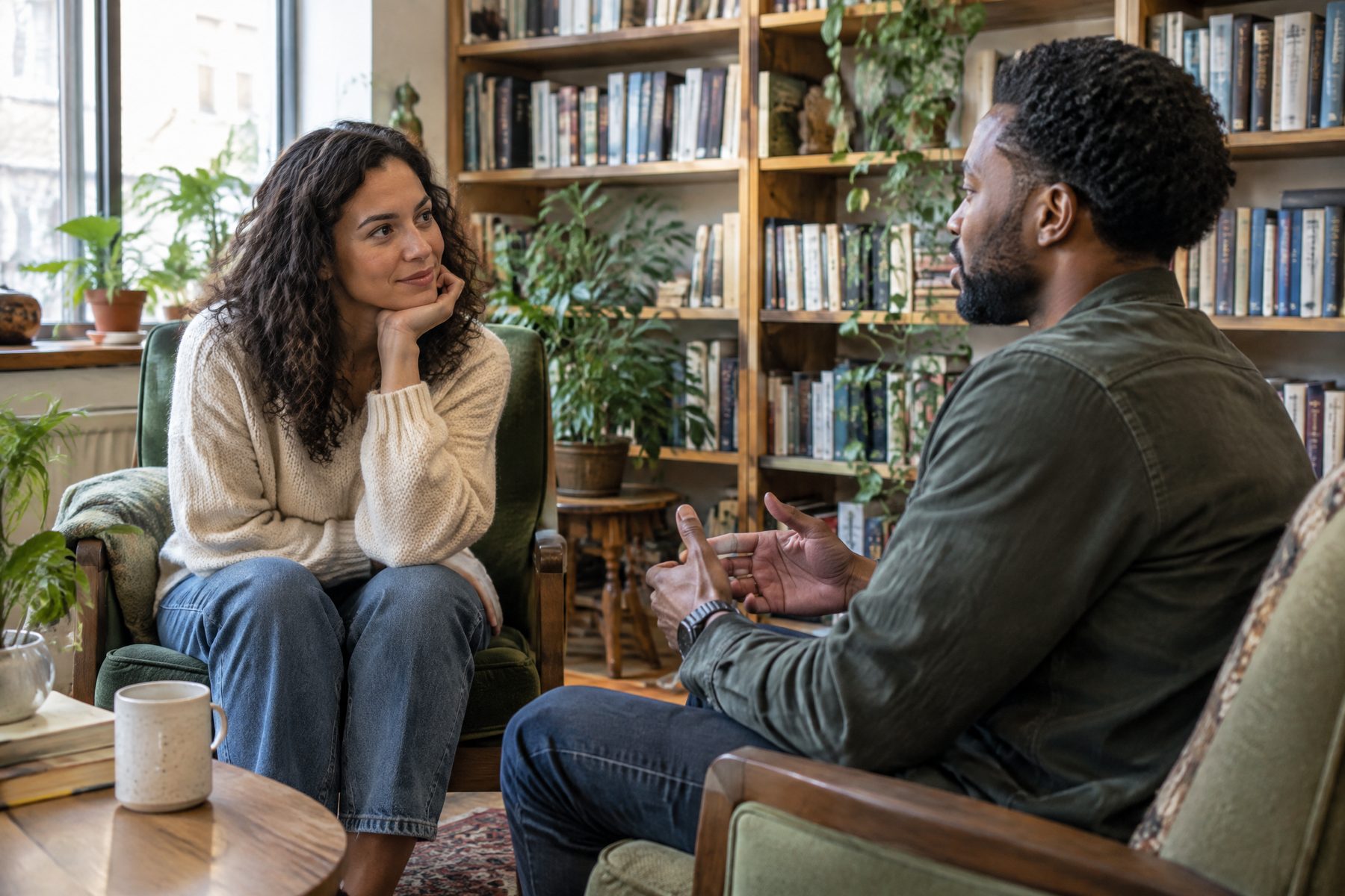 Two adults practicing attentive listening in a home library