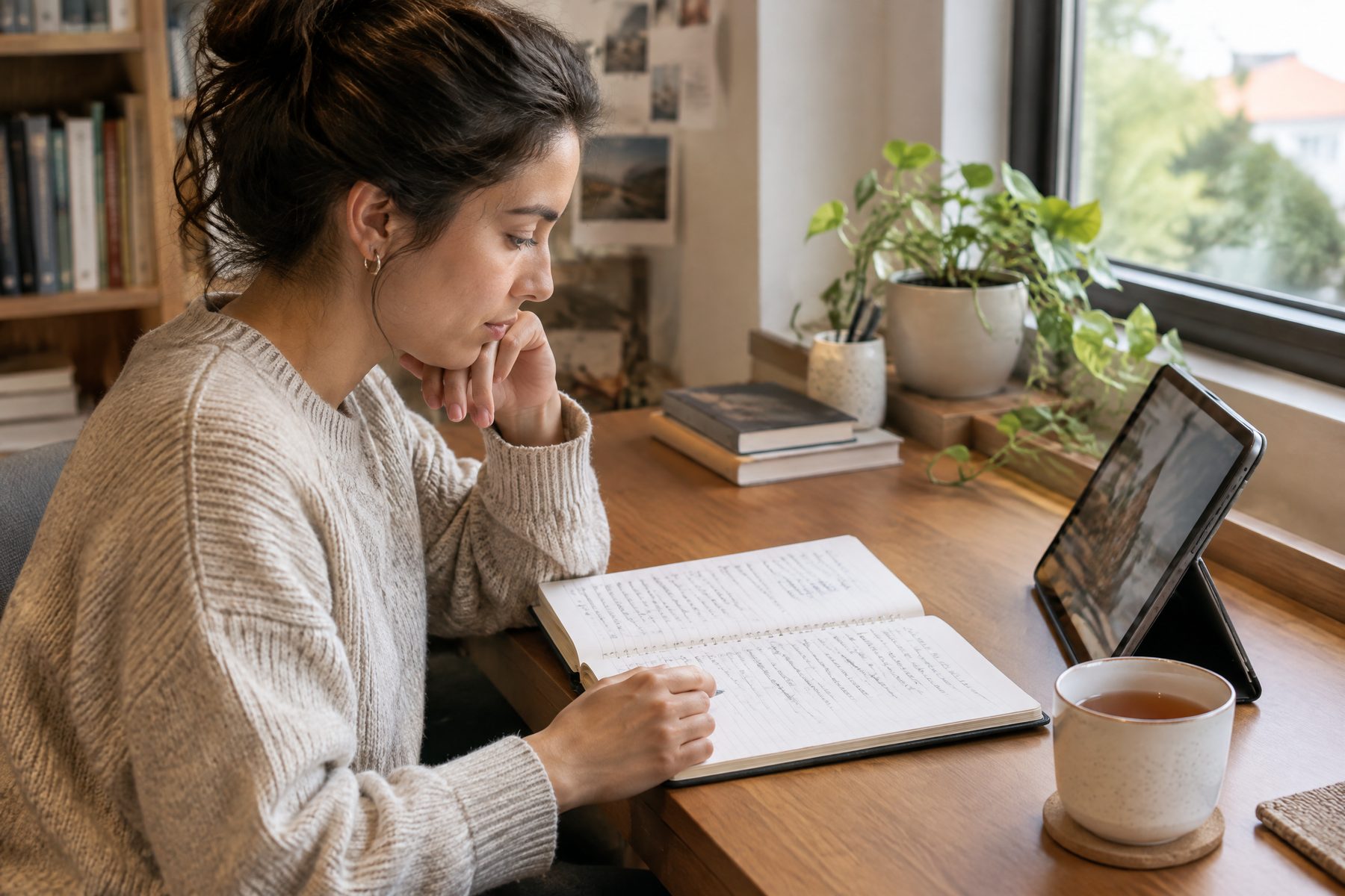 Adult reviewing communication notes at a desk